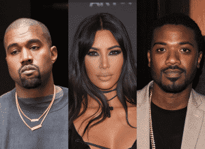 Kim Kardashian, Kanye West und Ray J auf einem Bild.