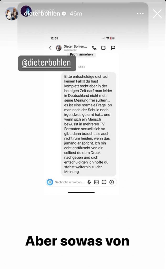 Dieter Bohlen repostet eine Story auf Instagram.